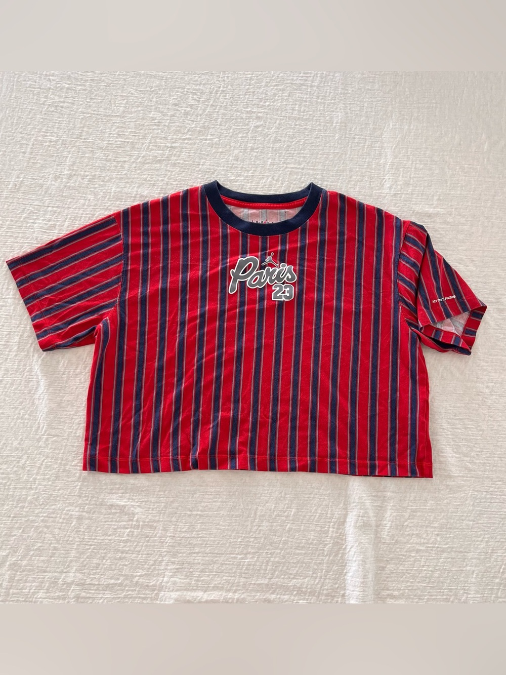 Paris 23 Red & Navy Micheal Jordan Jumpman Stripe Cropped Loose Fit Tee L
